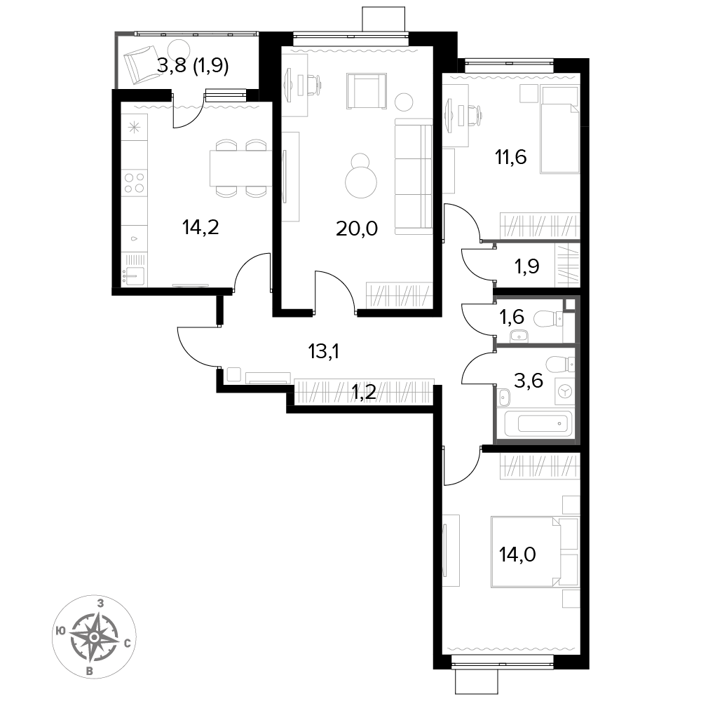 3 комн. квартира, 83.2 м², 10 этаж 