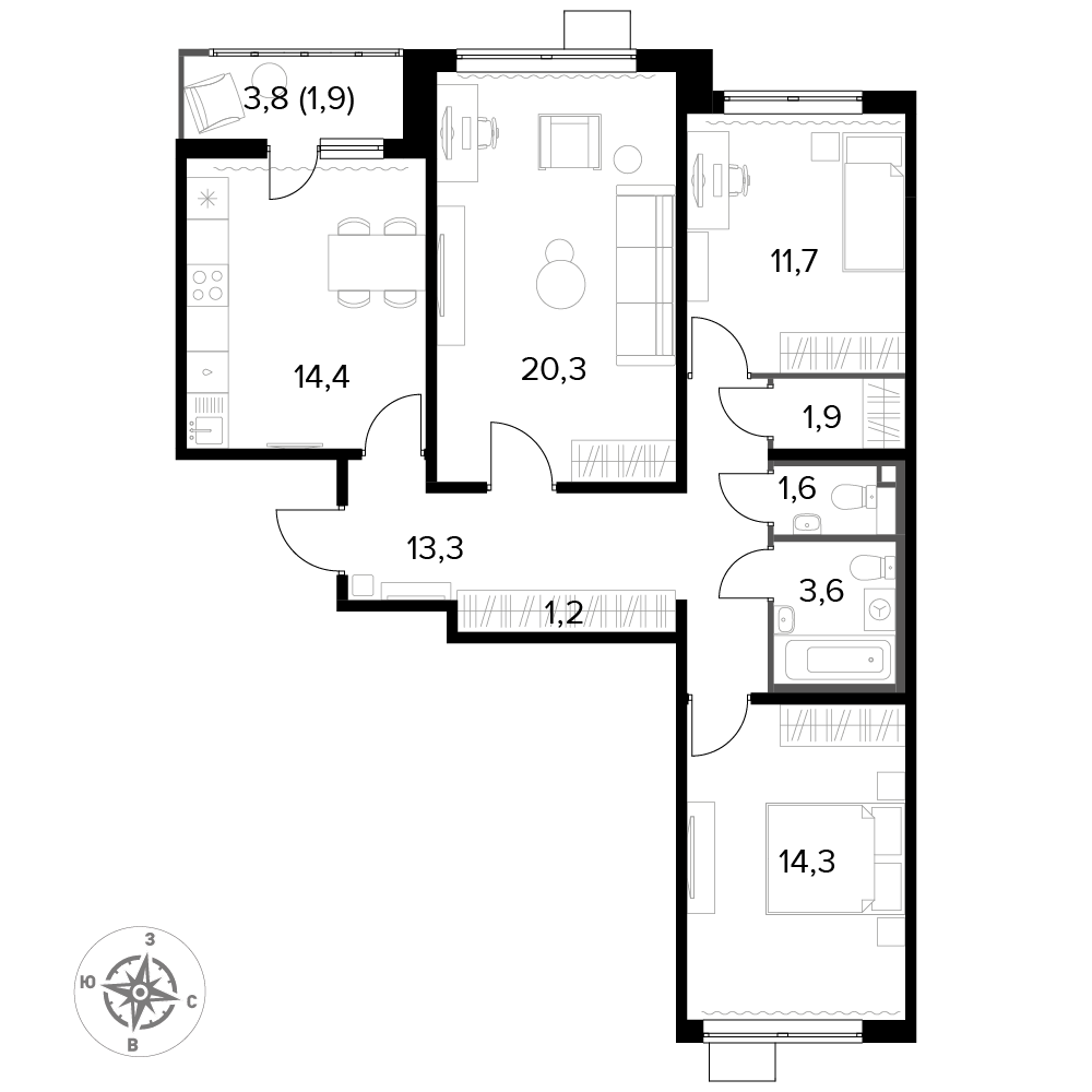 3 комн. квартира, 84.2 м², 17 этаж 