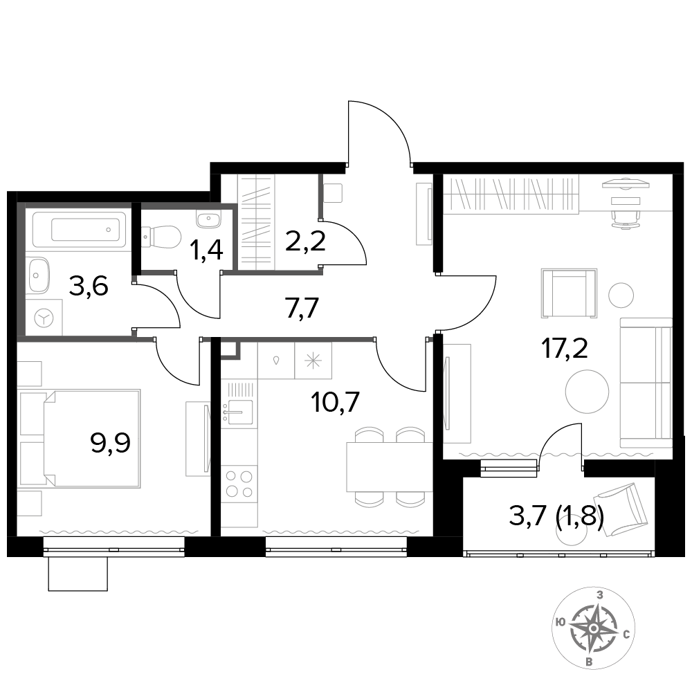 2 комн. квартира, 54.6 м², 18 этаж 