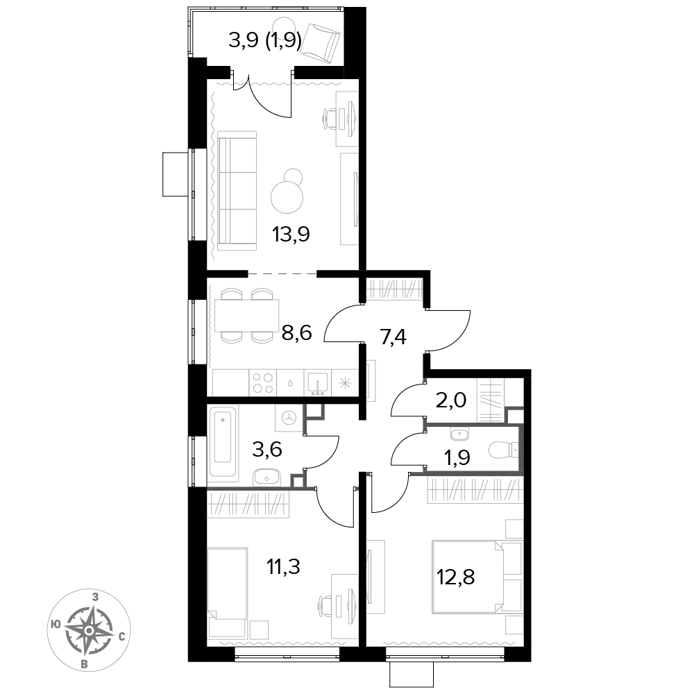 3 комн. квартира, 63.5 м², 24 этаж 