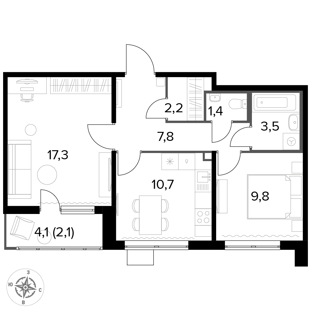 2 комн. квартира, 54.7 м², 13 этаж 
