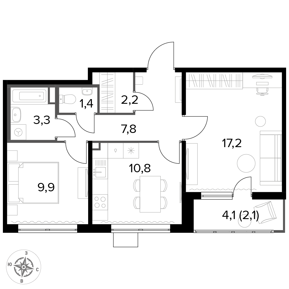 2 комн. квартира, 54.6 м², 24 этаж 