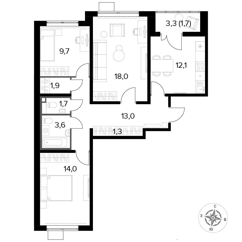 3 комн. квартира, 76.9 м², 6 этаж 