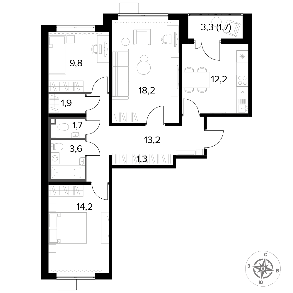 3 комн. квартира, 77.7 м², 21 этаж 