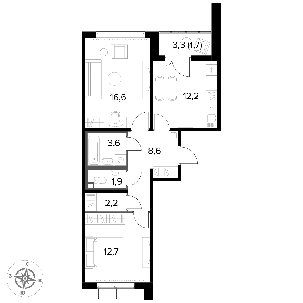 2 комн. квартира, 59.5 м², 22 этаж 
