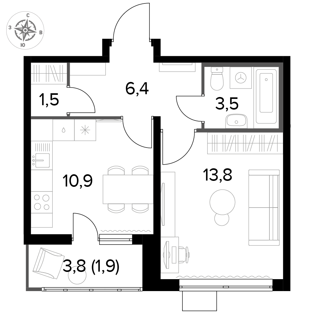 1 комн. квартира, 38 м², 5 этаж 