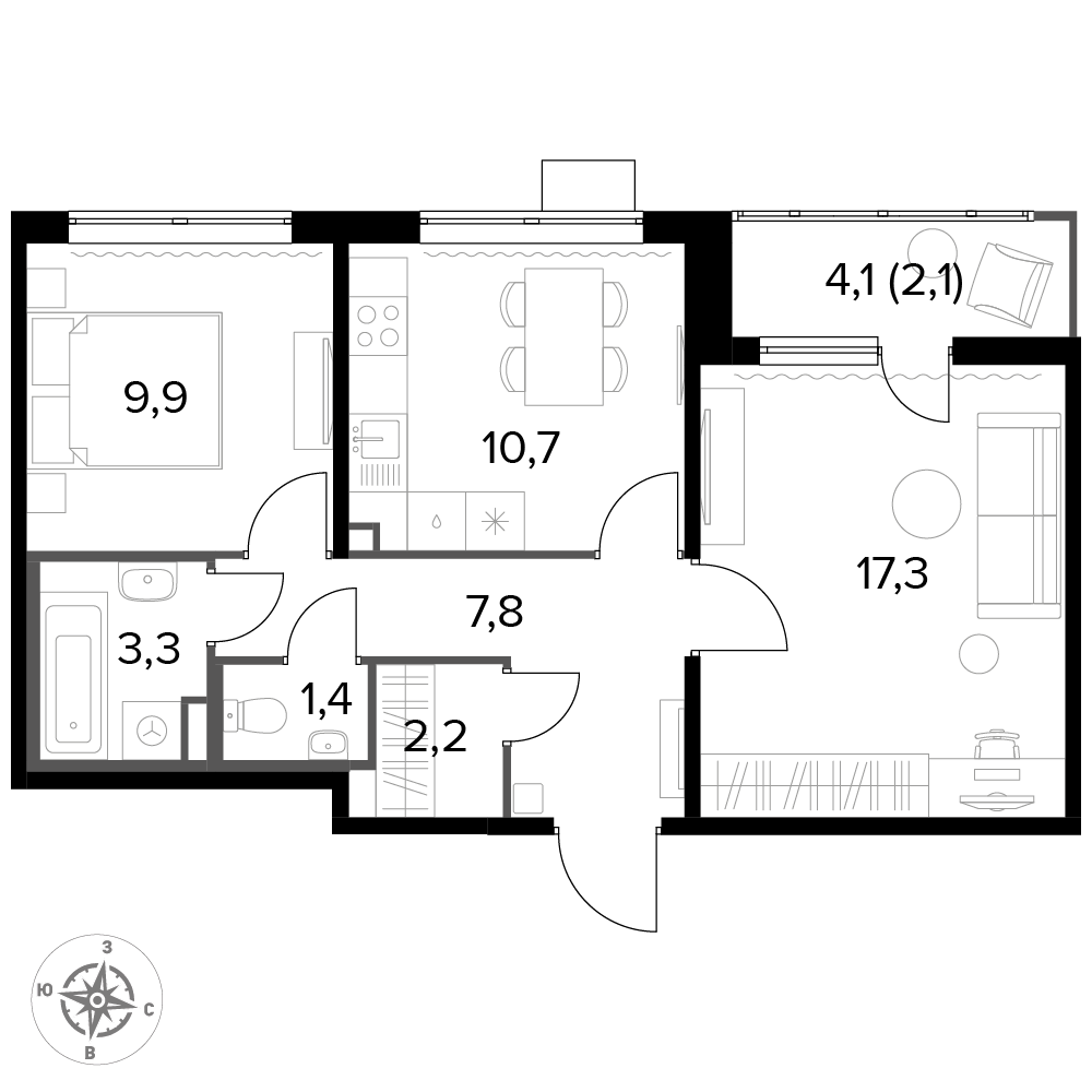 2 комн. квартира, 54.6 м², 15 этаж 