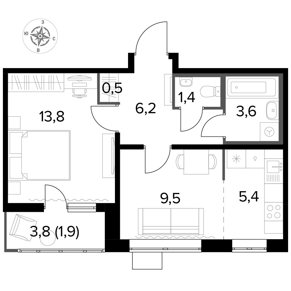 2 комн. квартира, 42.3 м², 17 этаж 