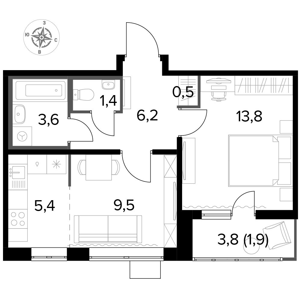 2 комн. квартира, 42.3 м², 25 этаж 