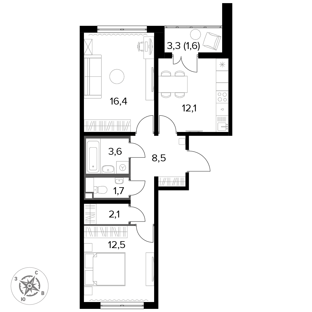 2 комн. квартира, 58.9 м², 9 этаж 