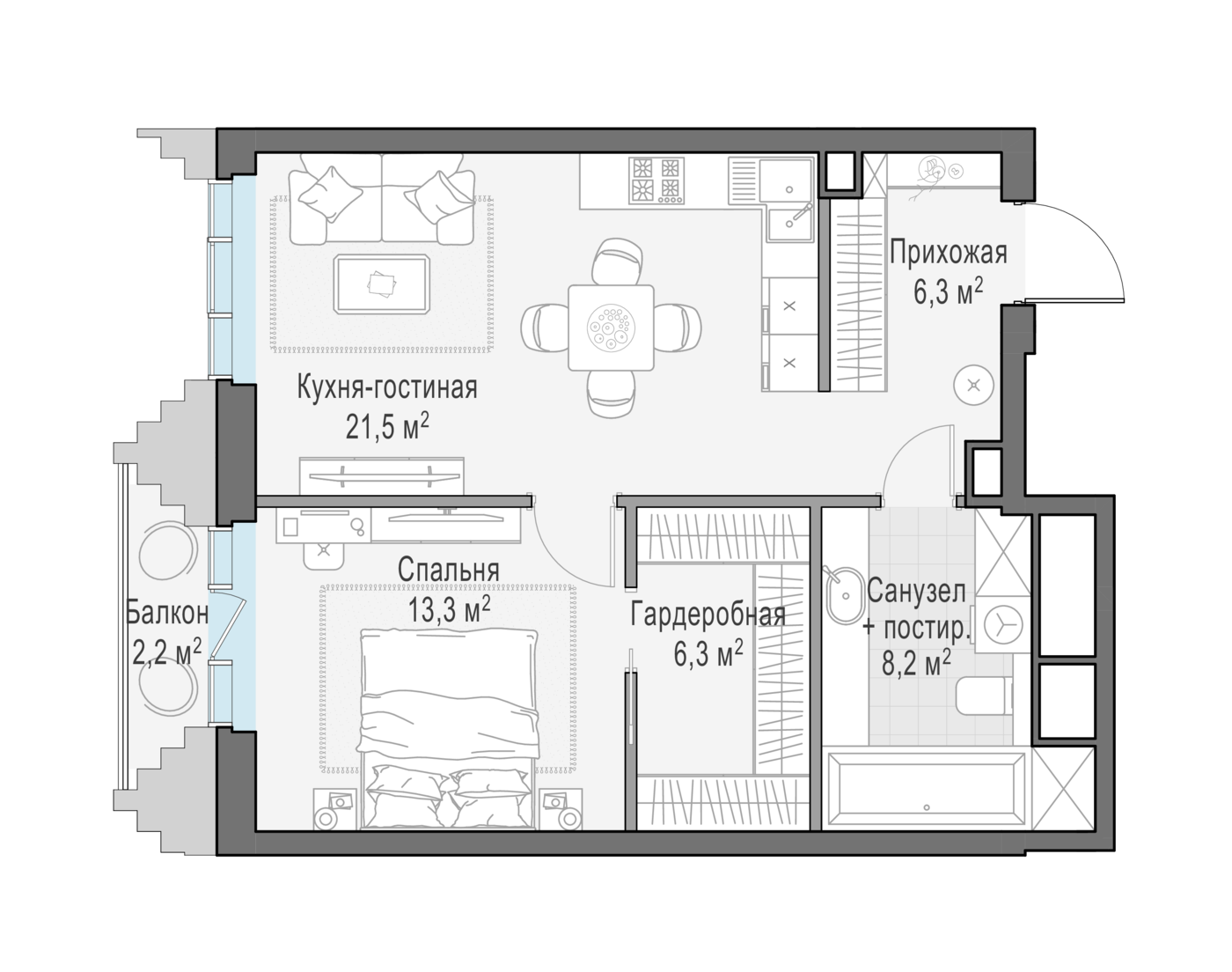 1 комн. квартира, 56 м², 6 этаж 