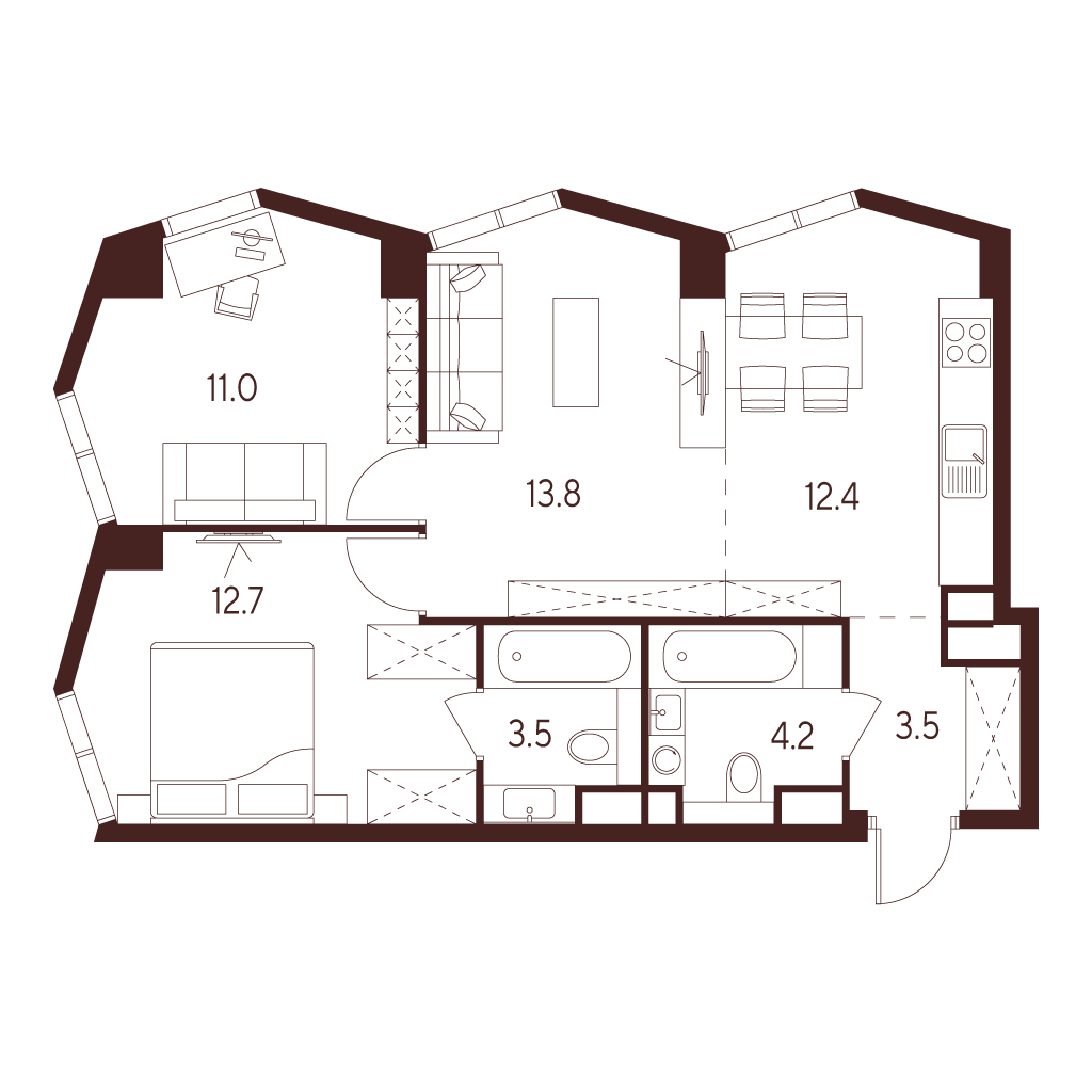 3 комн. квартира, 61.1 м², 12 этаж 