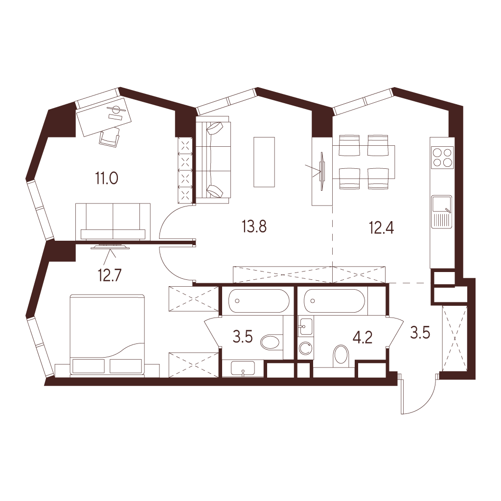 3 комн. квартира, 61.1 м², 15 этаж 