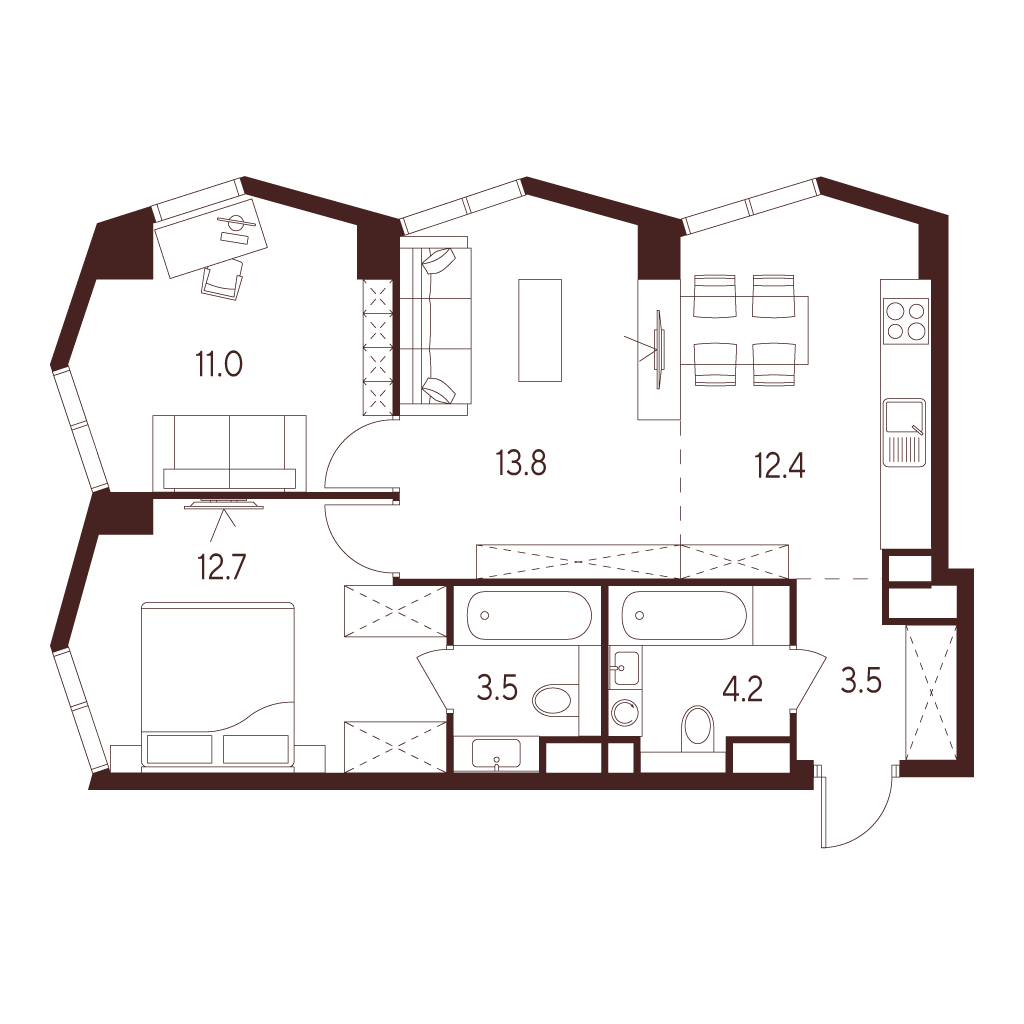 3 комн. квартира, 61.1 м², 19 этаж 