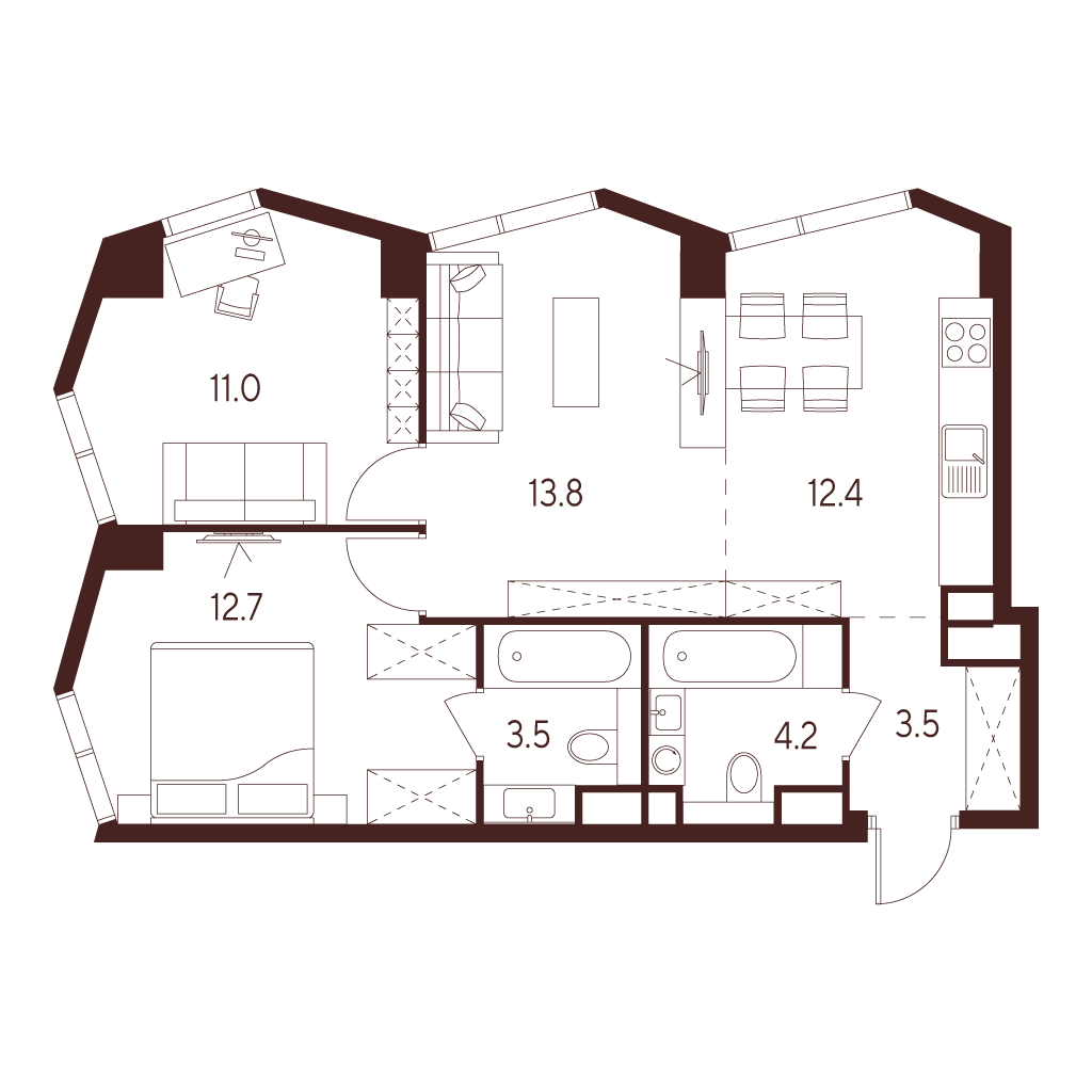 3 комн. квартира, 61.1 м², 25 этаж 