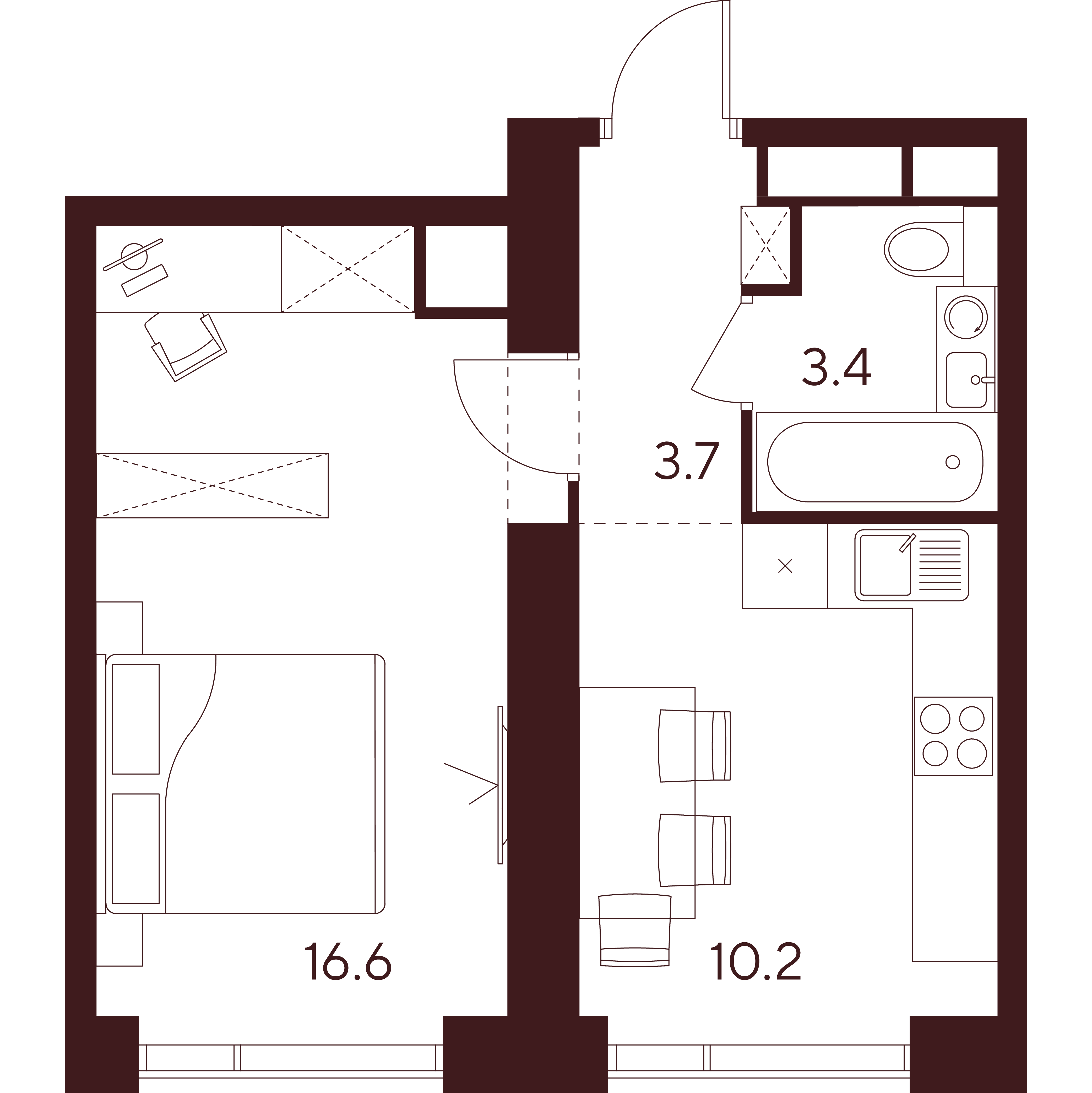 1 комн. квартира, 33.9 м², 35 этаж 