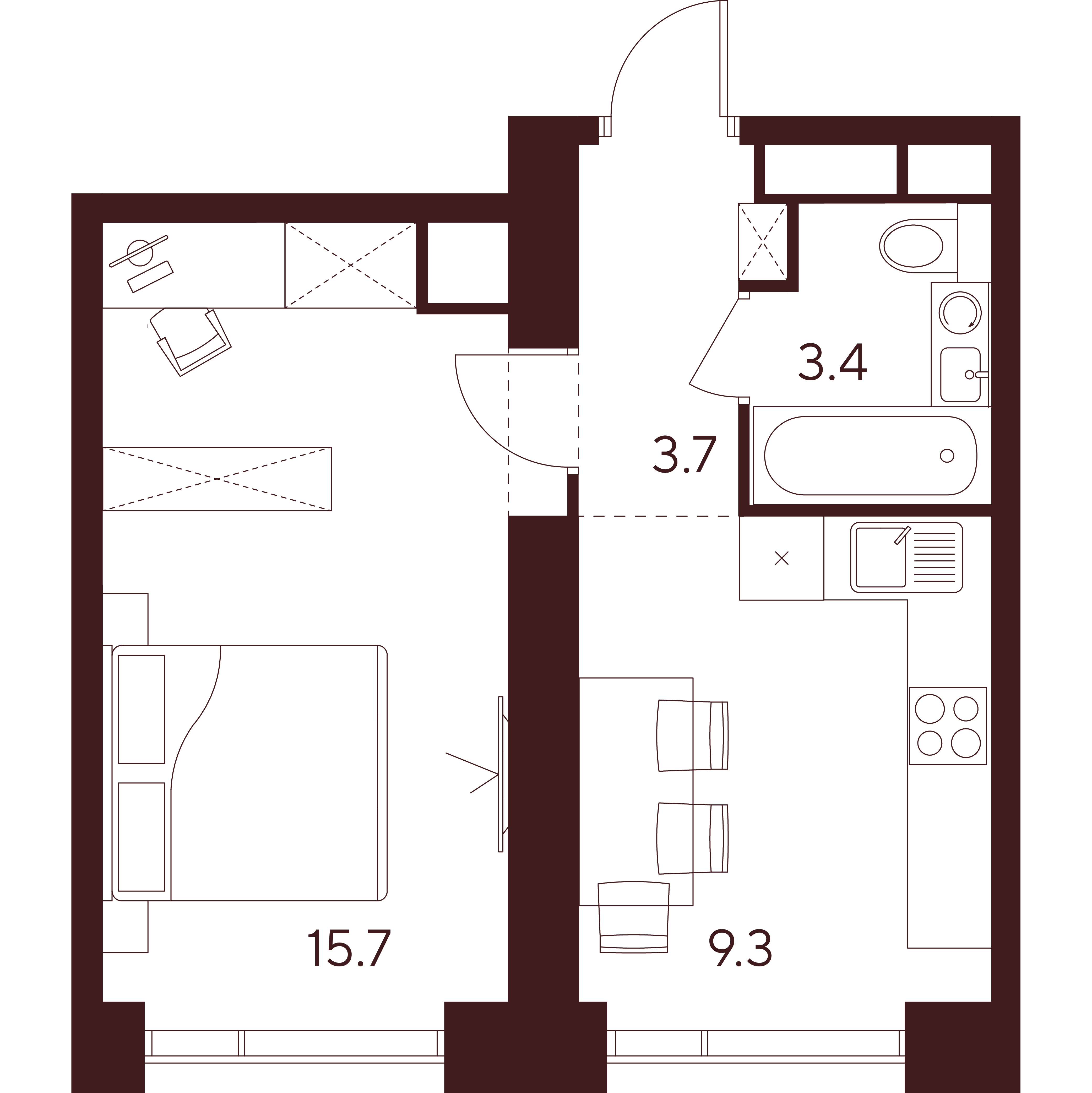 1 комн. квартира, 32.1 м², 43 этаж 