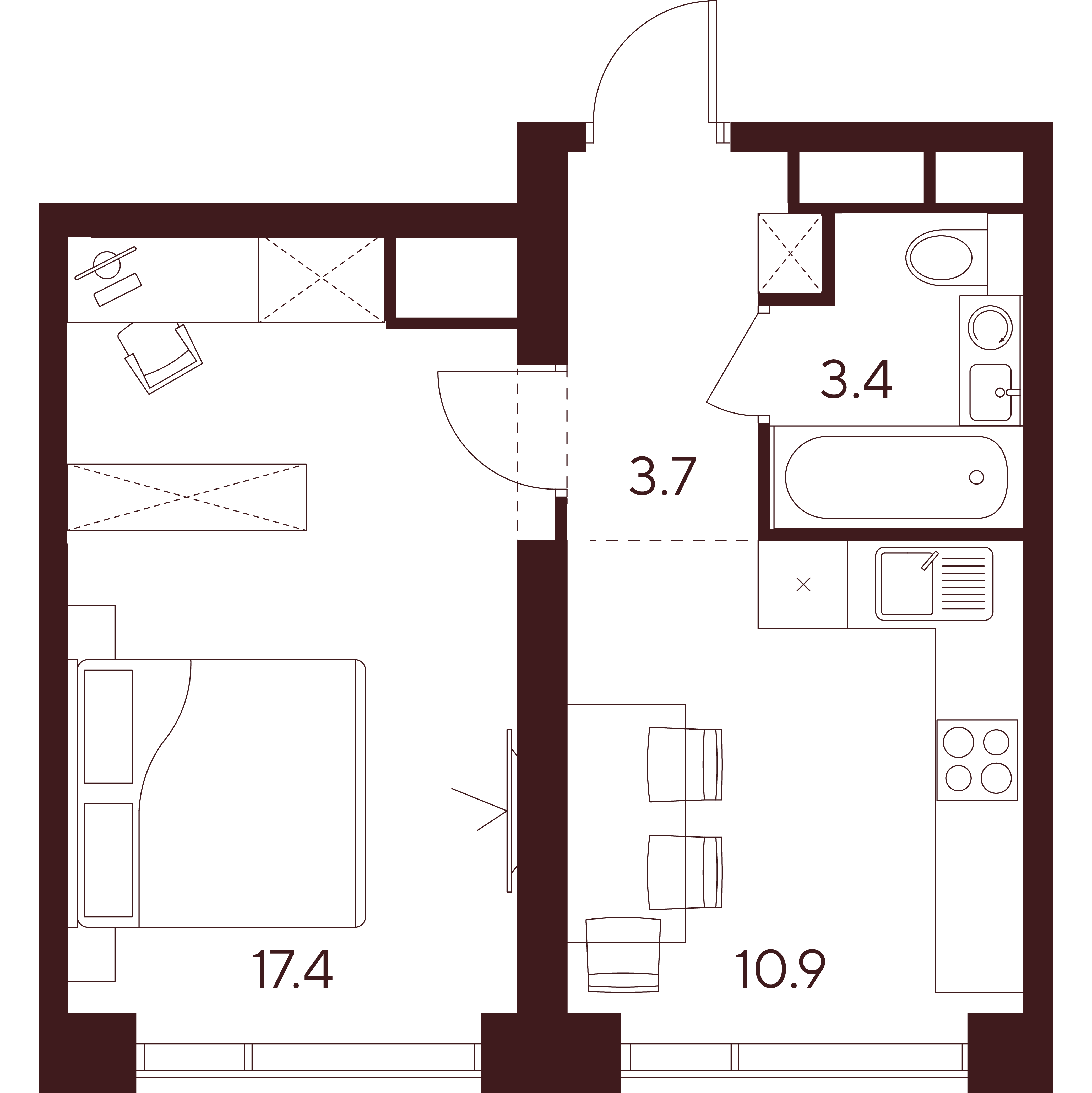 1 комн. квартира, 35.4 м², 48 этаж 