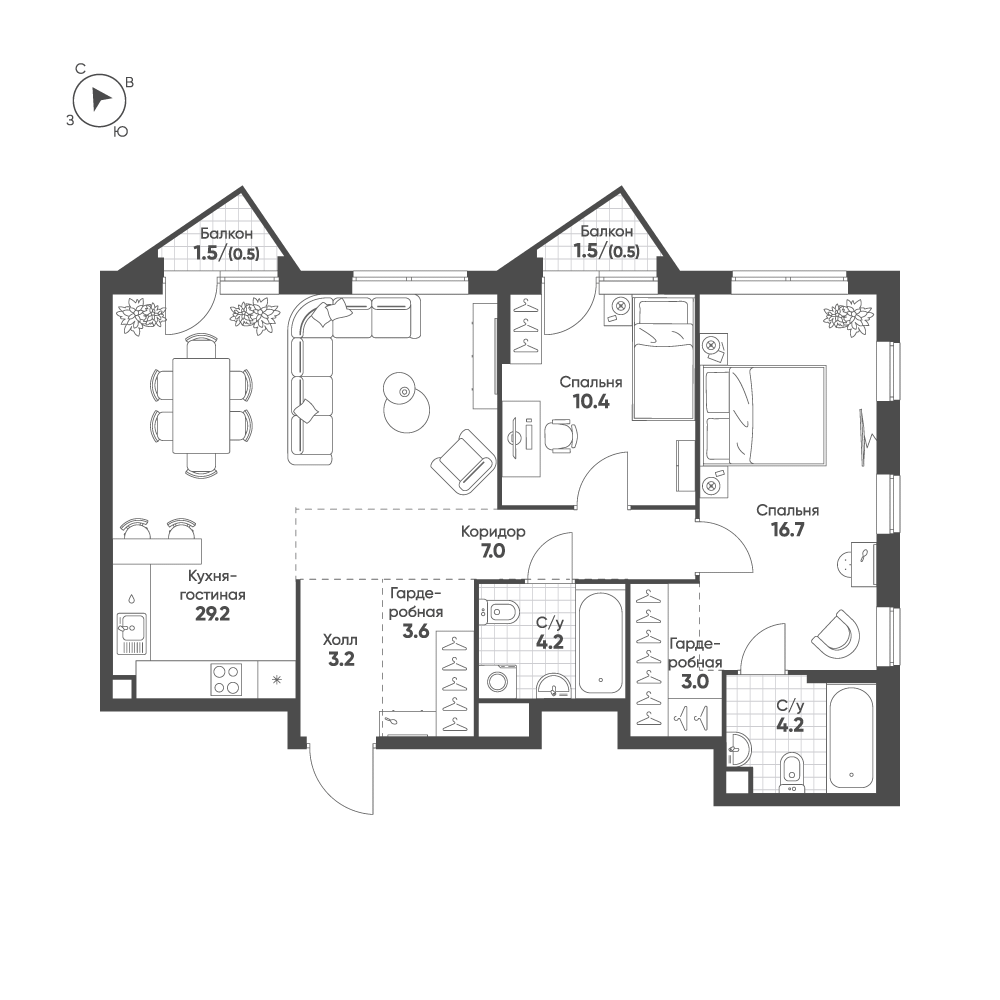 3 комн. квартира, 82.5 м², 4 этаж 