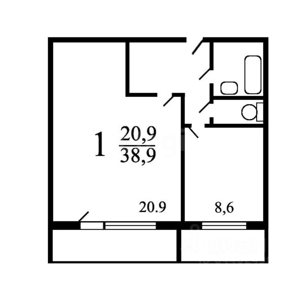 1 комн. квартира, 39 м², 8 этаж 