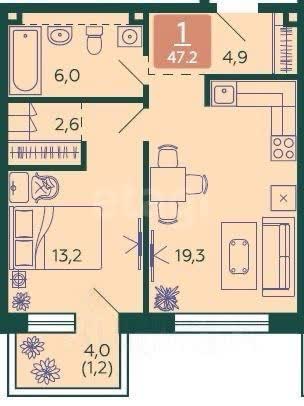 2 комн. квартира, 47.2 м², 5 этаж 