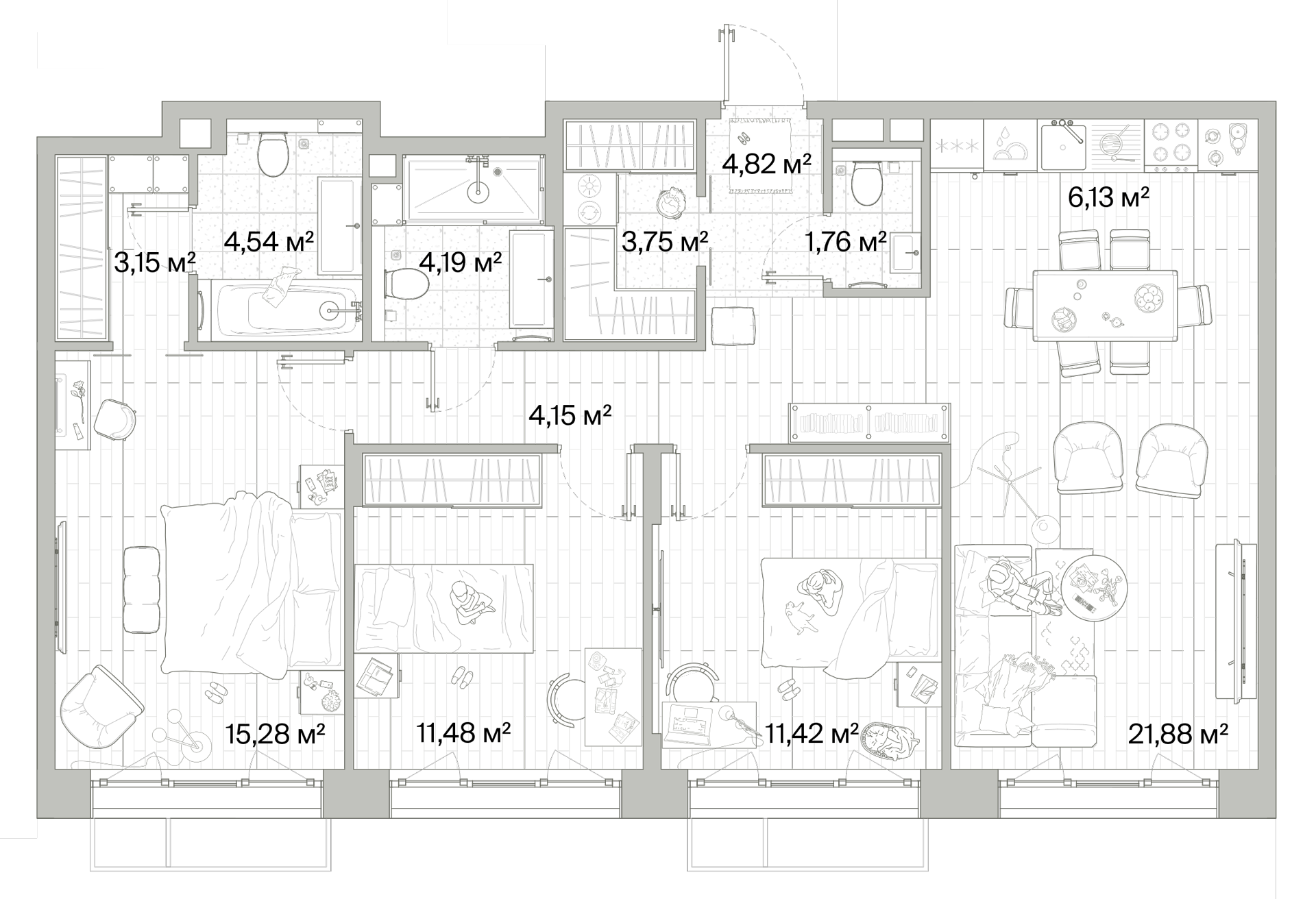 3 комн. квартира, 92.5 м², 2 этаж 