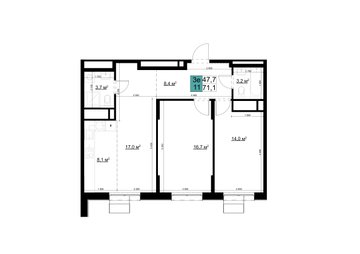 3 комн. квартира, 71.1 м², 23 этаж 