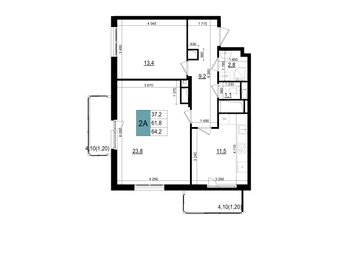 2 комн. квартира, 64.2 м², 25 этаж 