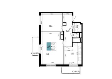 2 комн. квартира, 64.2 м², 23 этаж 