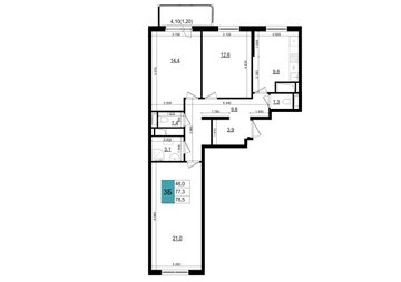 3 комн. квартира, 78.5 м², 6 этаж 