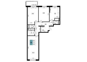 3 комн. квартира, 78.5 м², 8 этаж 
