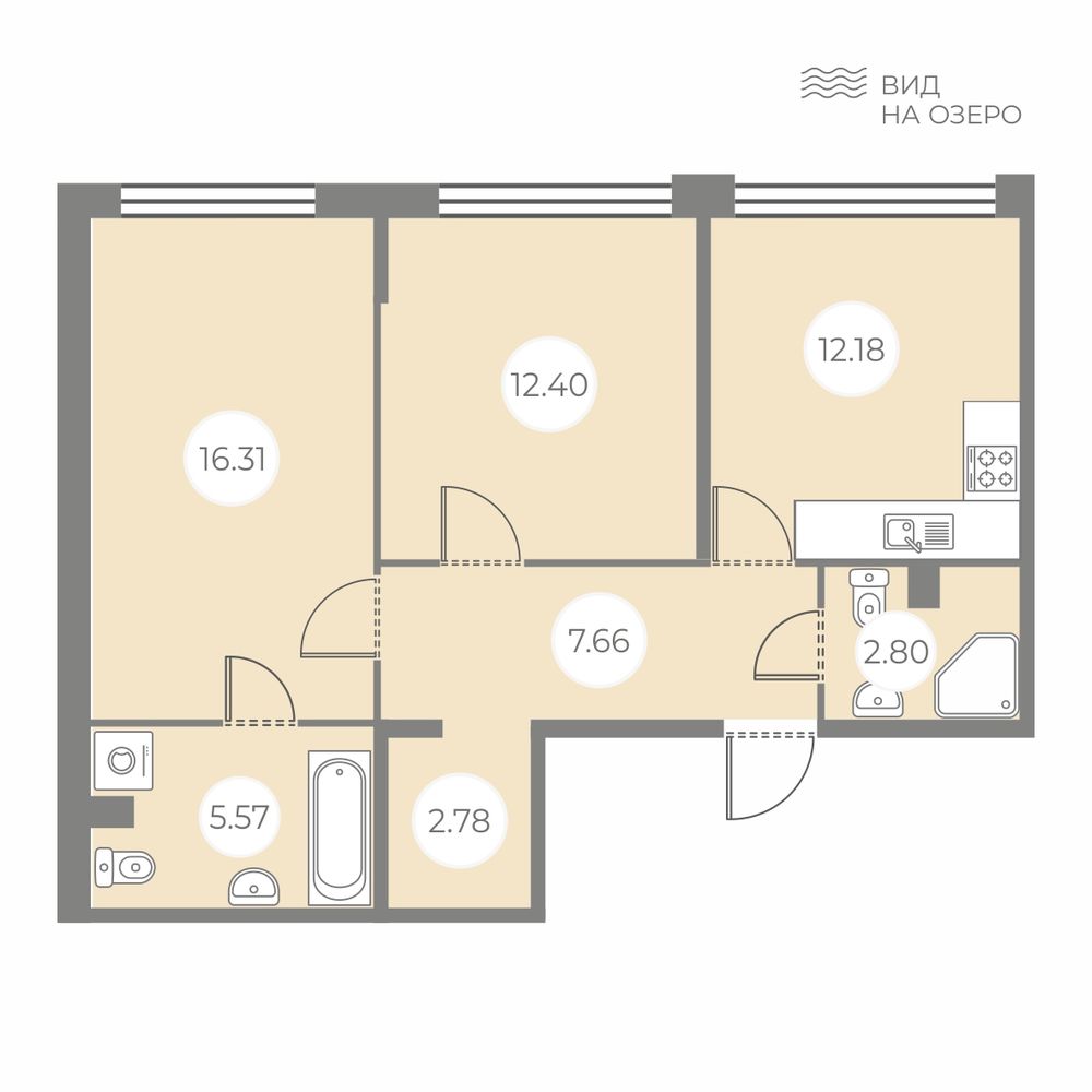 2 комн. квартира, 59.7 м², 1 этаж 