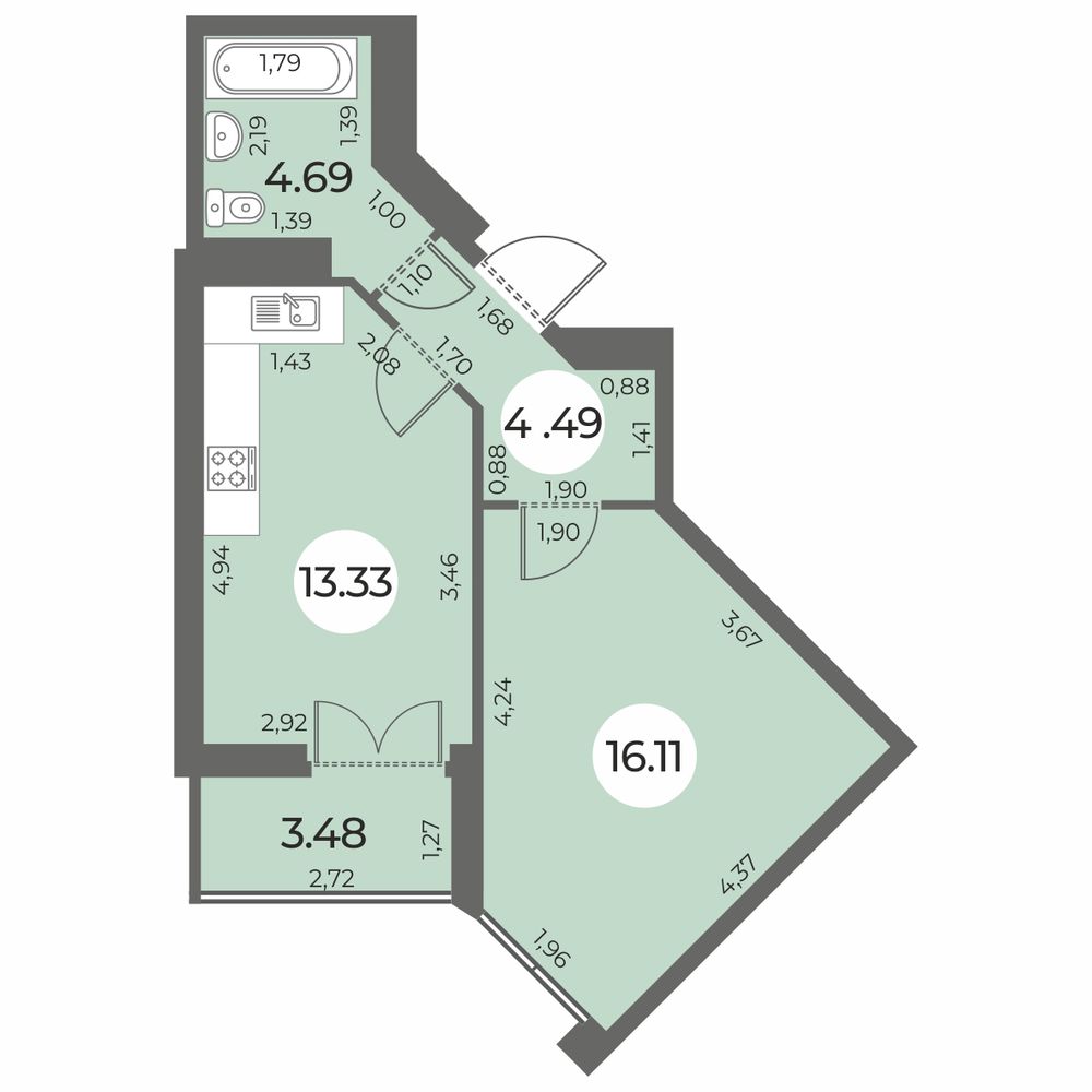 1 комн. квартира, 40.4 м², 13 этаж 
