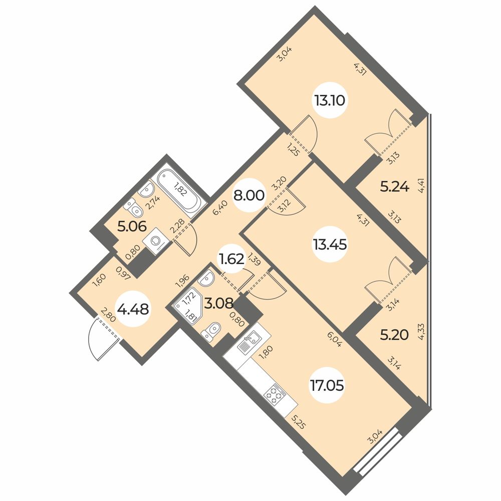 2 комн. квартира, 71.1 м², 6 этаж 
