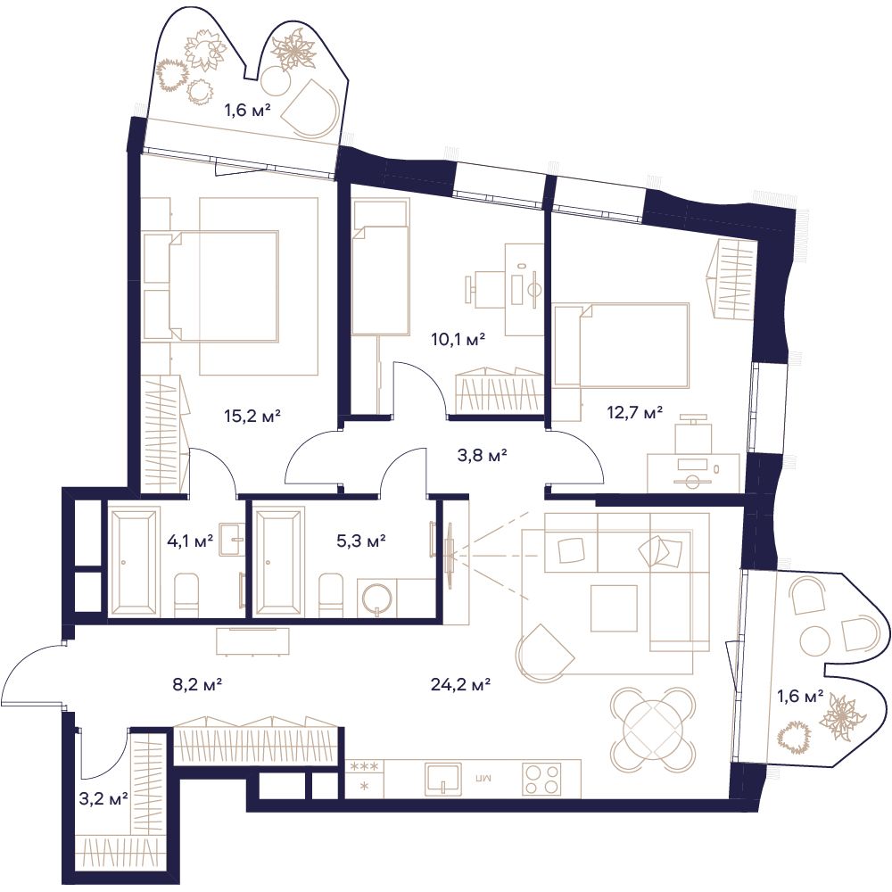 3 комн. квартира, 90 м², 20 этаж 