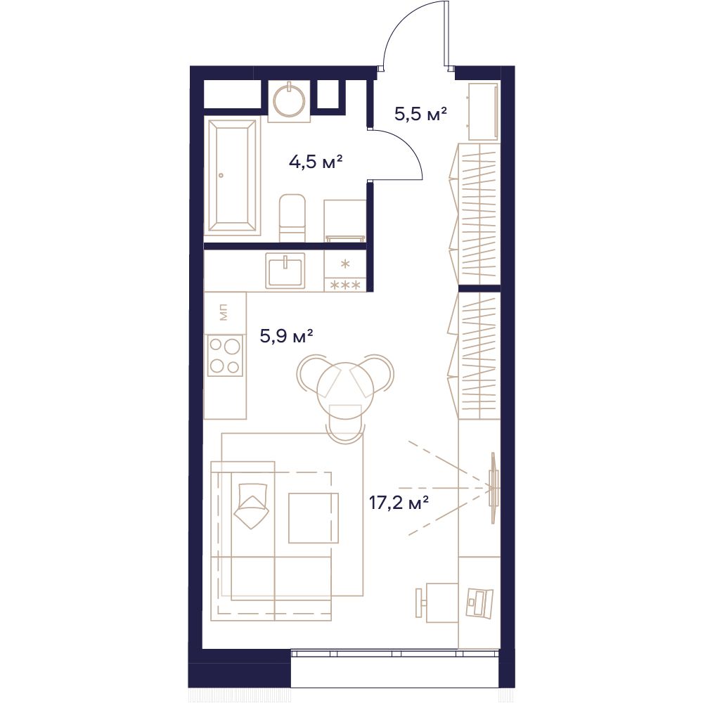 1 комн. квартира, 33.1 м², 2 этаж 
