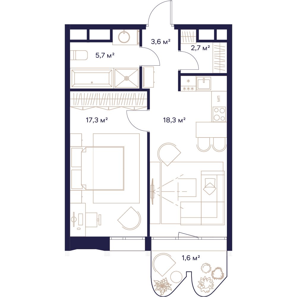 1 комн. квартира, 49.2 м², 12 этаж 