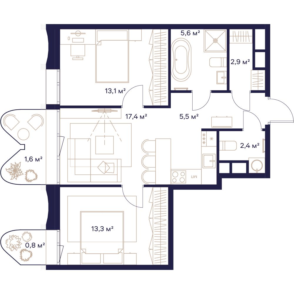 2 комн. квартира, 62.7 м², 11 этаж 