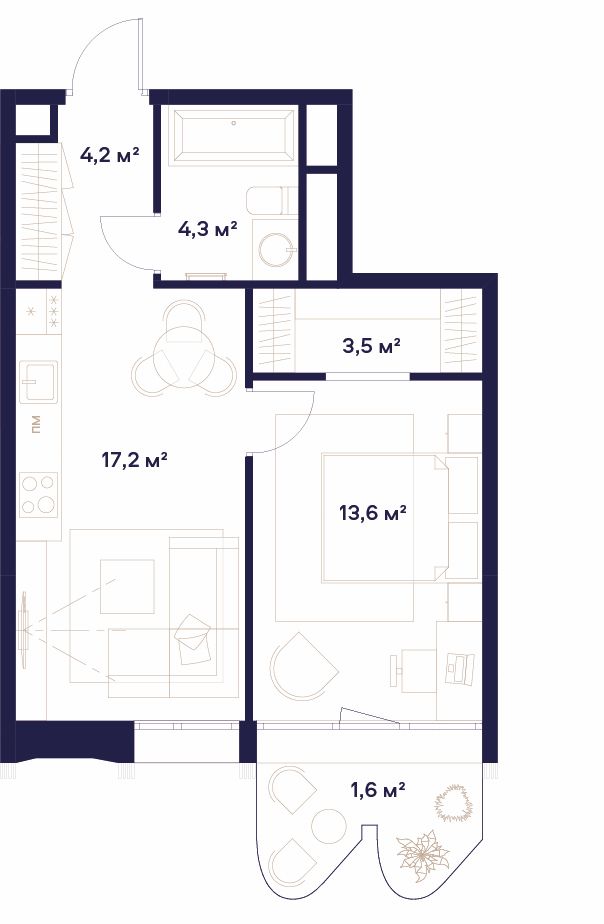 1 комн. квартира, 44.4 м², 10 этаж 