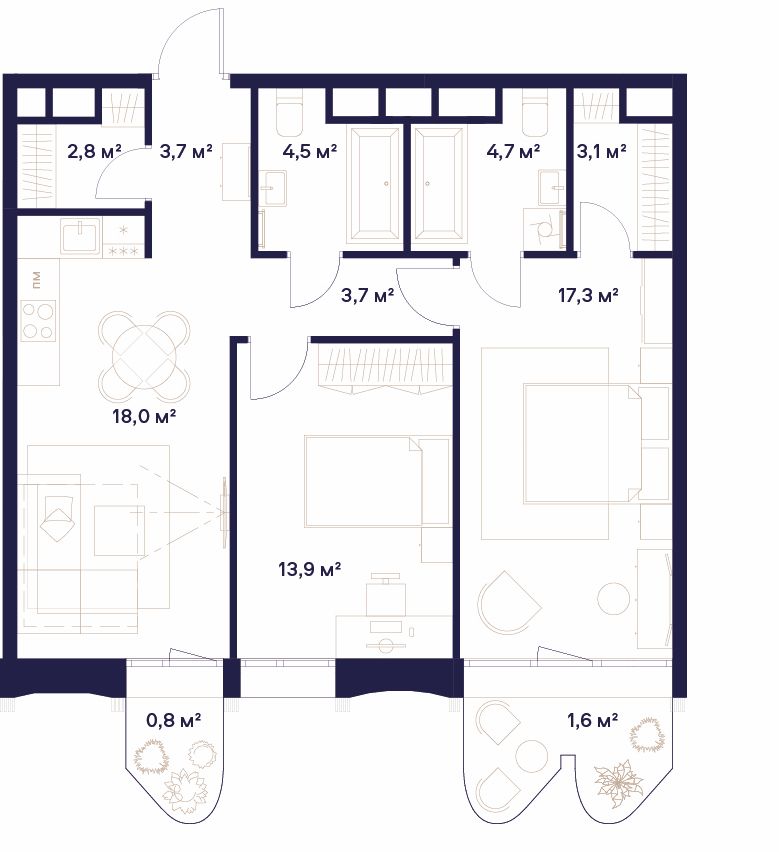 2 комн. квартира, 74.1 м², 10 этаж 