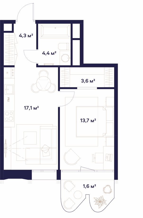 1 комн. квартира, 44.7 м², 13 этаж 
