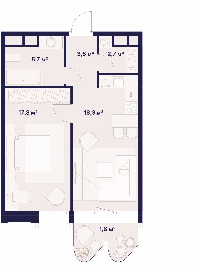 1 комн. квартира, 49.2 м², 13 этаж 