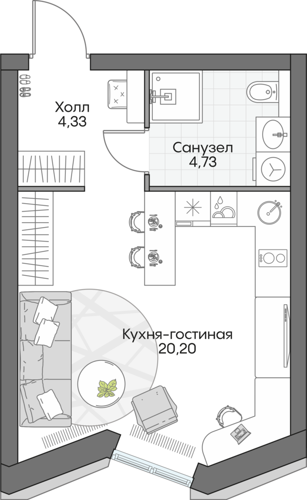 студия, 29.4 м², 5 этаж 