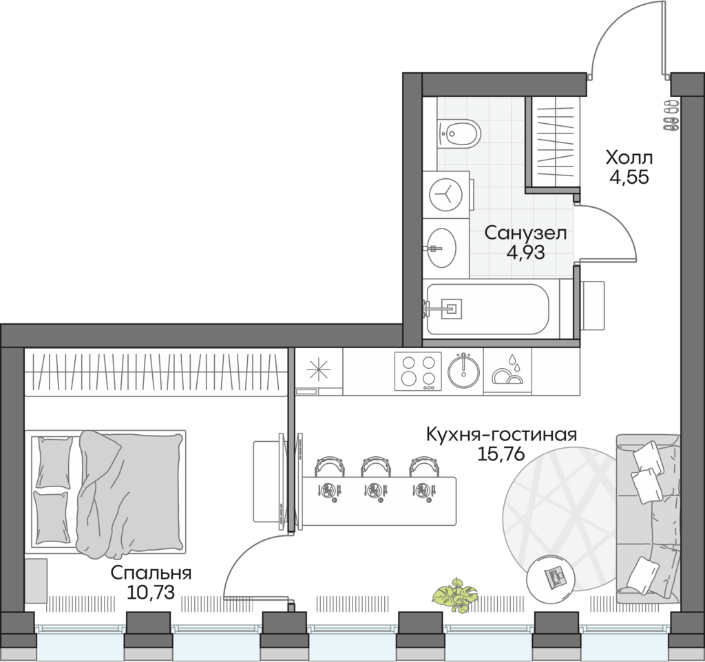 1 комн. квартира, 36.4 м², 4 этаж 