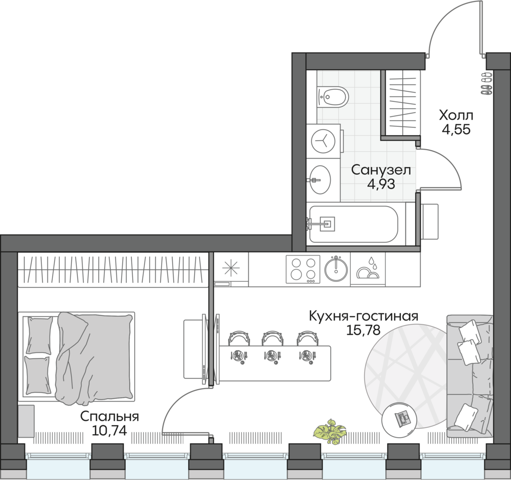 1 комн. квартира, 36.2 м², 8 этаж 