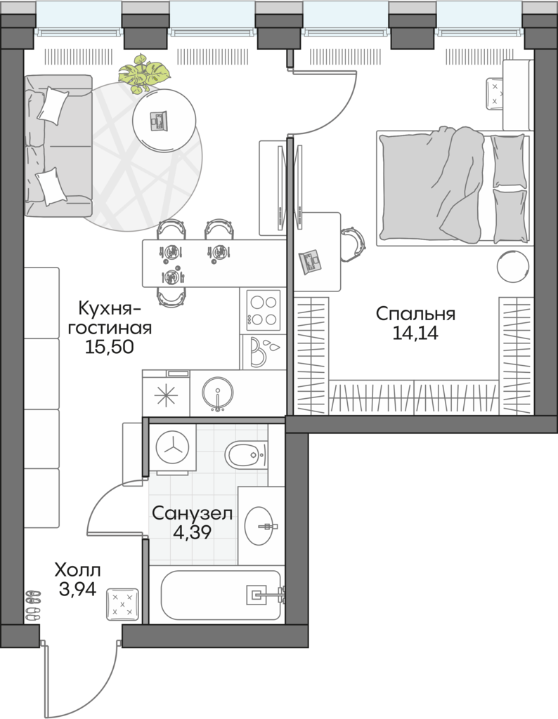 1 комн. квартира, 36.6 м², 5 этаж 