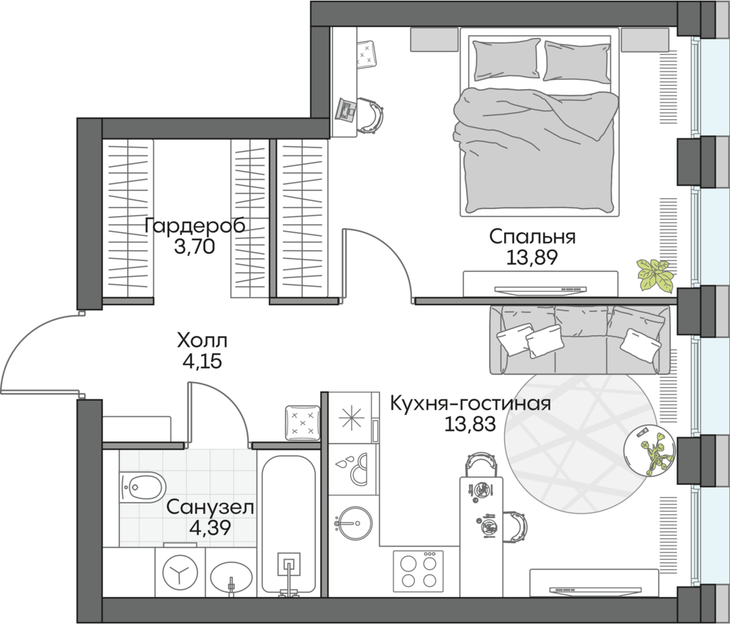 1 комн. квартира, 40.1 м², 11 этаж 