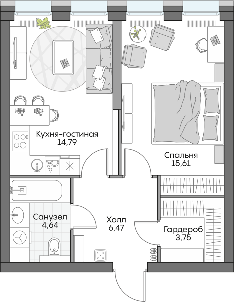 1 комн. квартира, 45.8 м², 5 этаж 