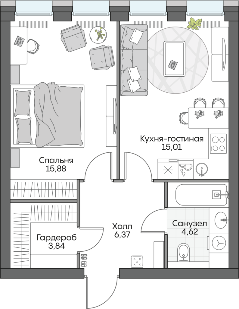 1 комн. квартира, 46.2 м², 5 этаж 