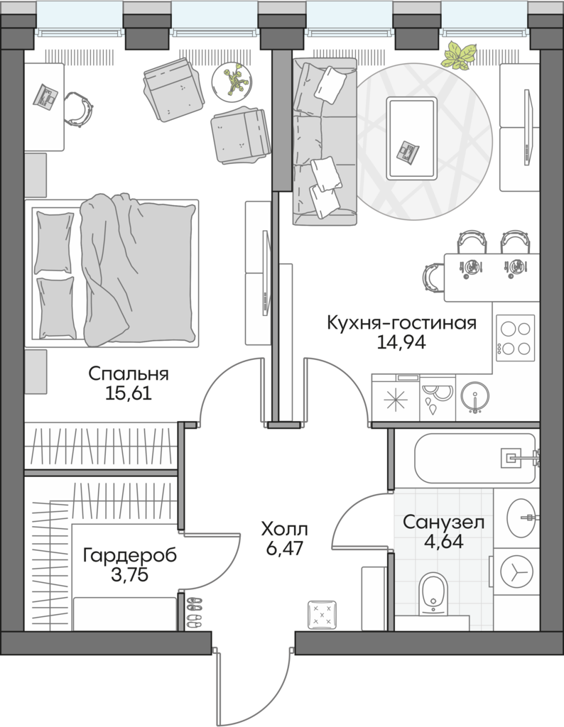 1 комн. квартира, 45.8 м², 6 этаж 